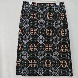 J CREW Lined 97% Cotton Pencil Skirt Sz 10 Black Mirrored Geometric Floral B